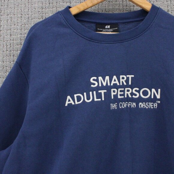 H&M Sweatshirt Men XL Navy Blue Pullover Crewneck Smart Adult Person Embroidered - Picture 2 of 10